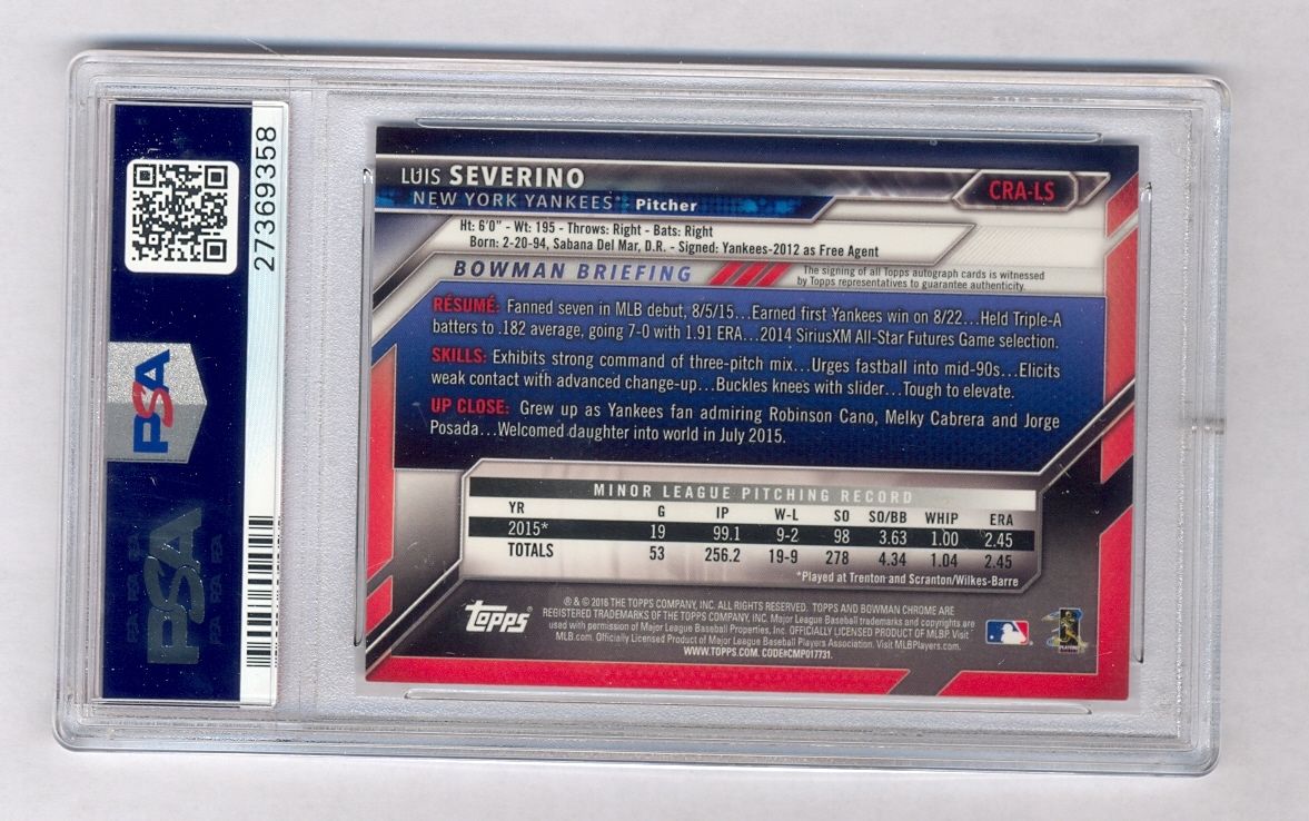 LUIS SEVERINO 2016 BOWMAN CHROME AUTO ROOKIE RC PSA 9 MINT YANKEES