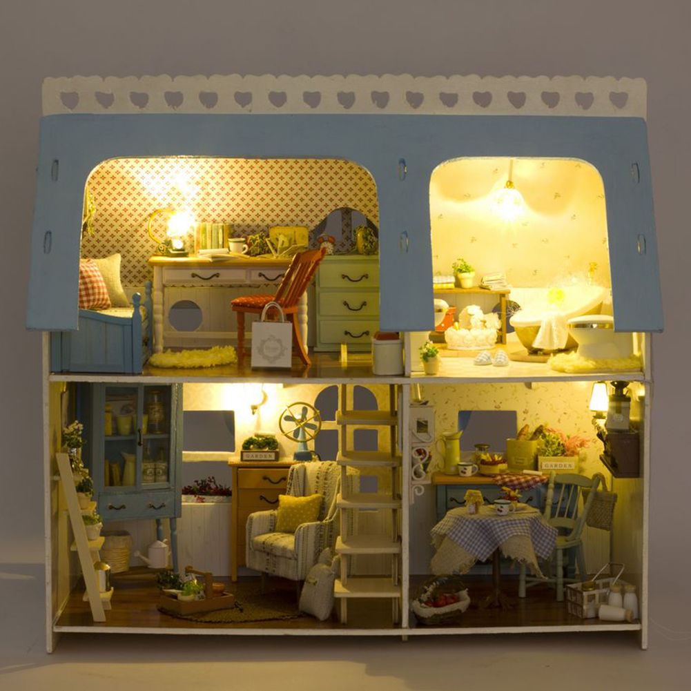 Handmade Wooden Dollhouse Miniatures DIY House Toy Set with LED Light Kids Gift