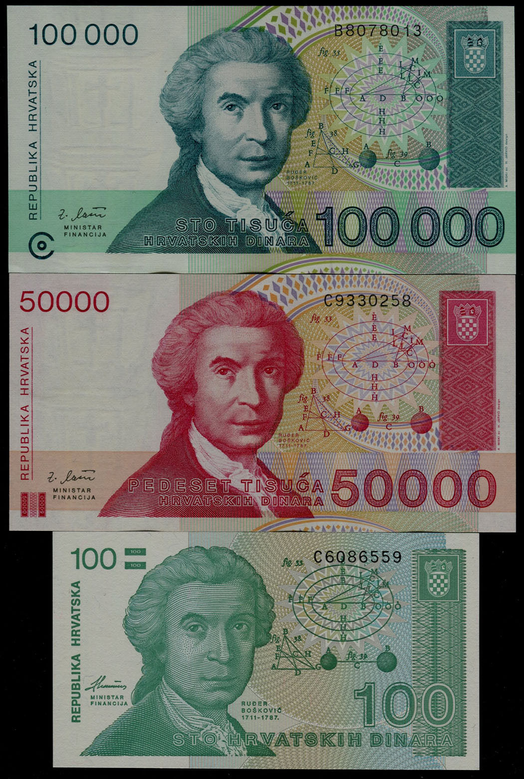 Croatia Hrvatska 1 5 10 25 100 50000 100000 Dinara Banknote UNC 6 PCS