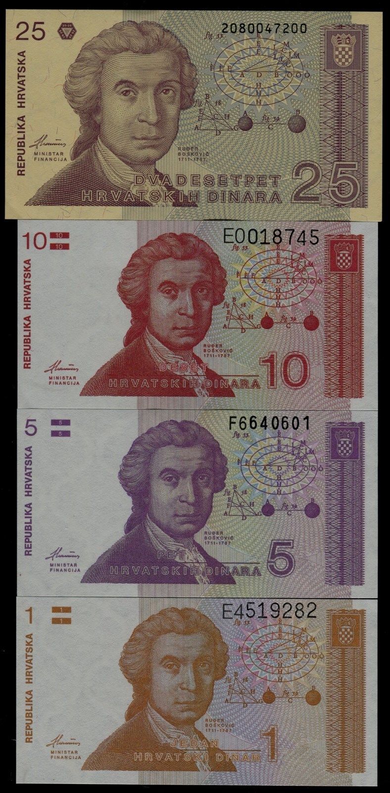 Croatia Hrvatska 1 5 10 25 100 50000 100000 Dinara Banknote UNC 6 PCS