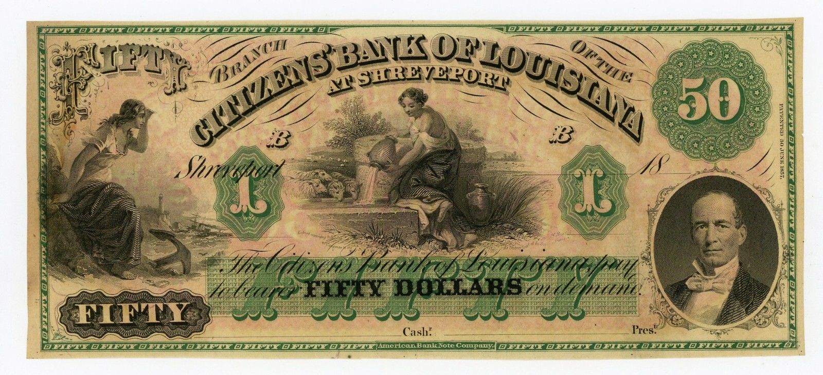 1800's $50 The Citizens' Bank of LOUISIANA at Shreveport Note AU