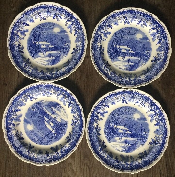 Set of 4 Spode Winter's Eve Blue & White 10.25" Dinner Plates Made In England