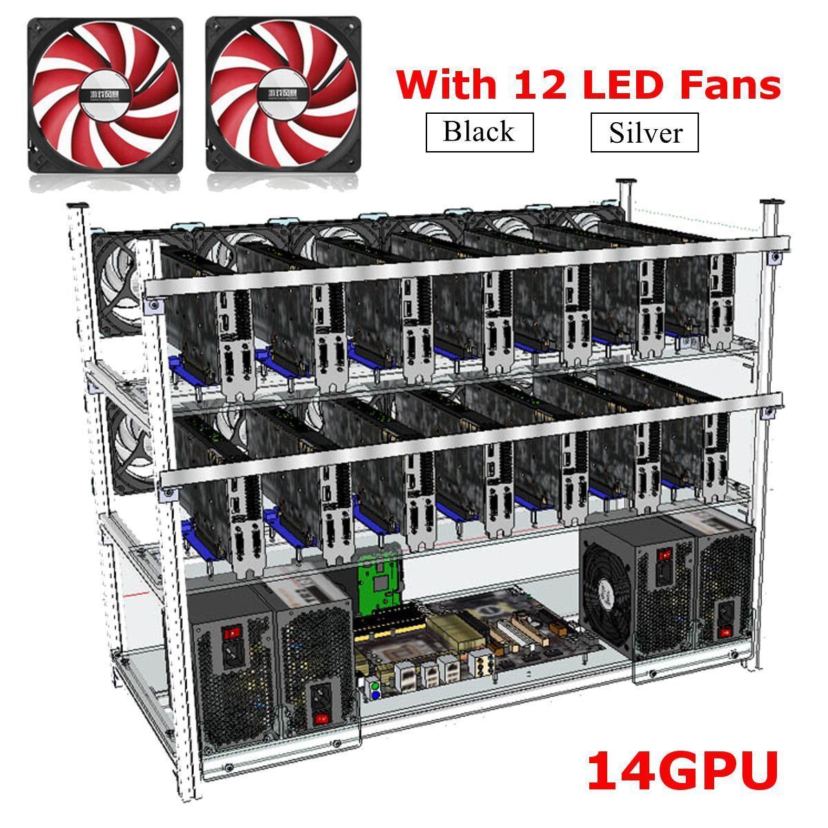 Air Mining Frame Rig Stackable Miner Case 14 GPU With 12 LED Fans For ETH Z Cash