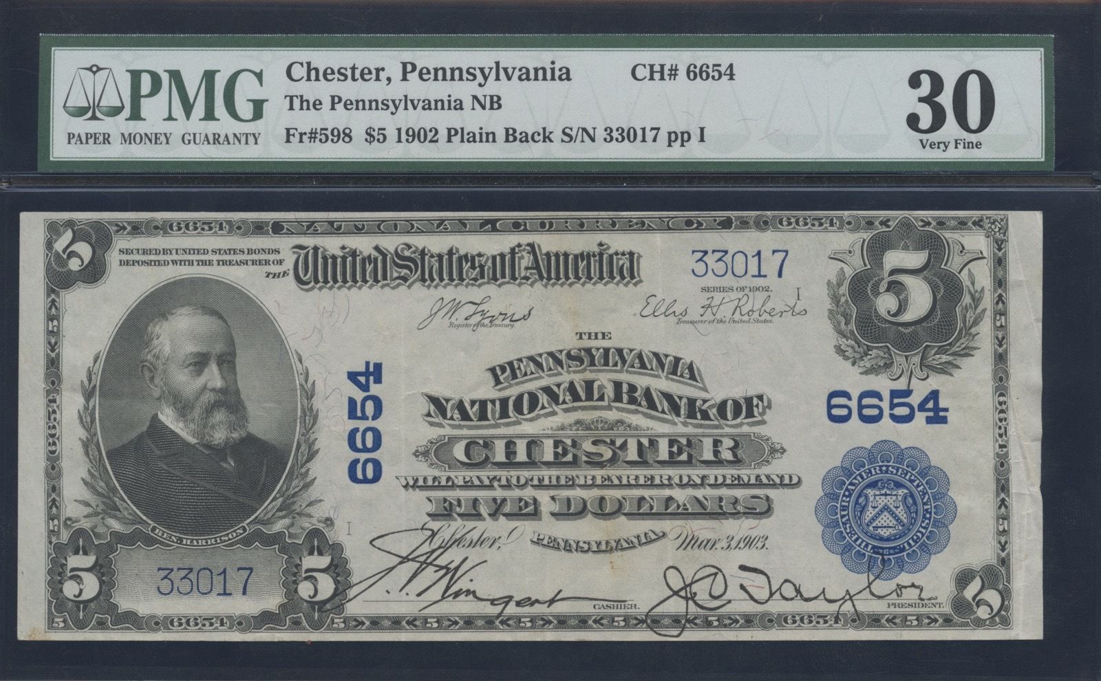 FR 598 - 1902 $5 NOTE - NATIONAL BANK OF CHESTER PA - CH 6654 - PMG VERY FINE 30