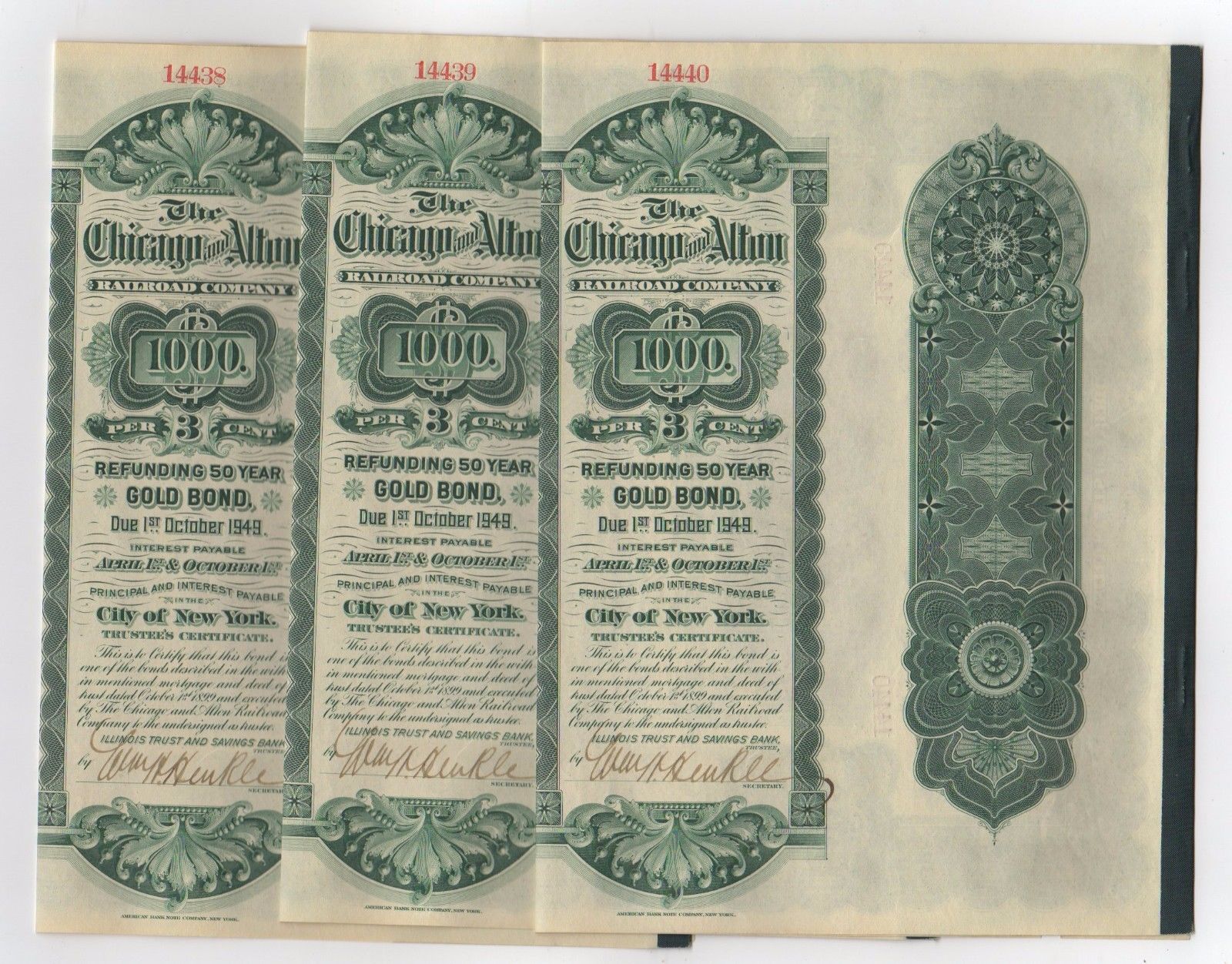 Lot of 3 - 1899 $1000 The Chicago and Alton Railroad Company Bonds w/ TRAIN