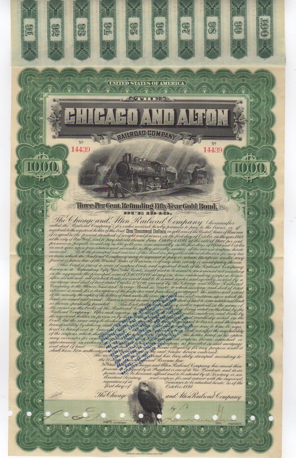 Lot of 3 - 1899 $1000 The Chicago and Alton Railroad Company Bonds w/ TRAIN