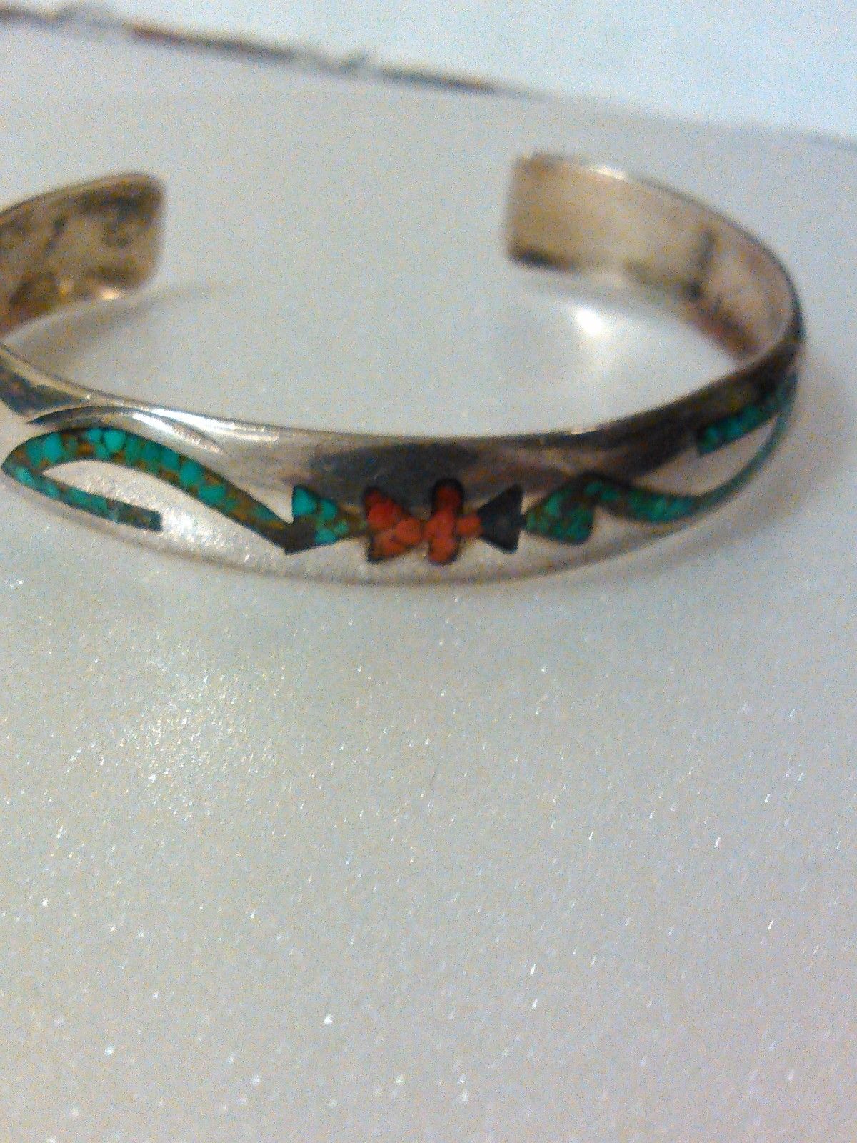 Vintage Native American HMIJ Crushed Coral Turquoise Inlay Bracelet Cuff Signed