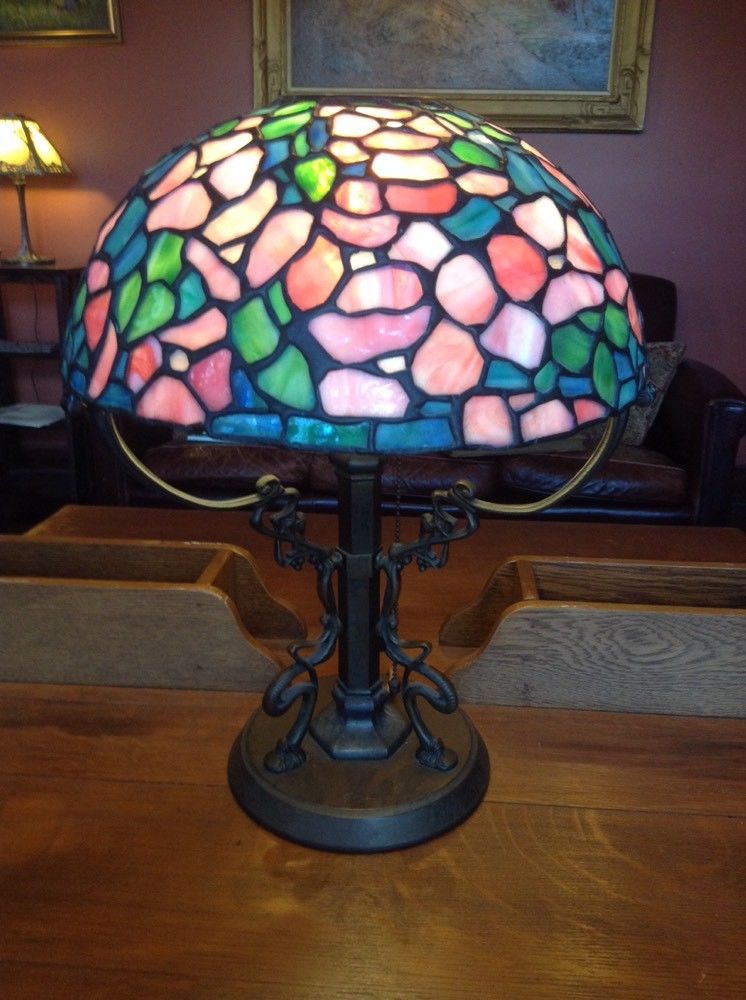 Duffner & Kimberly Lamp Stained Glass / Leaded Glass Shade on Loetz Bronze Base