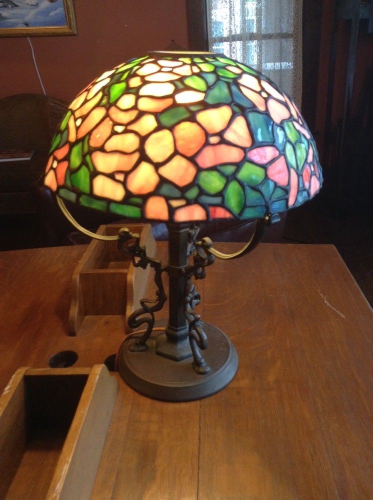 Duffner & Kimberly Lamp Stained Glass / Leaded Glass Shade on Loetz Bronze Base