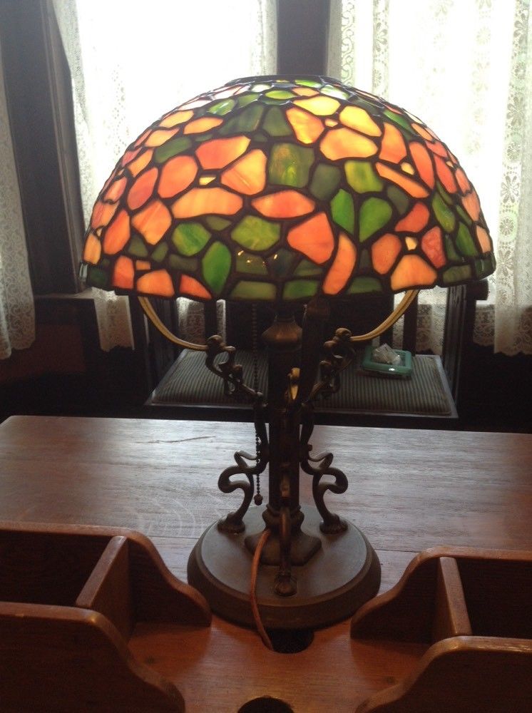 Duffner & Kimberly Lamp Stained Glass / Leaded Glass Shade on Loetz Bronze Base