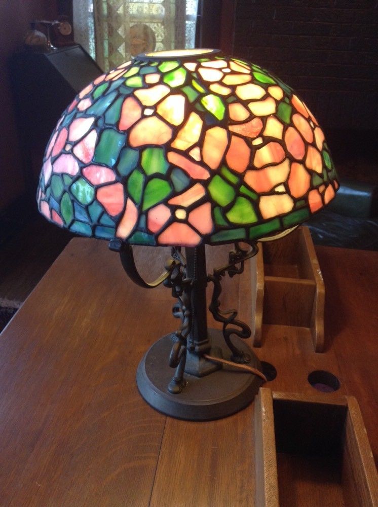 Duffner & Kimberly Lamp Stained Glass / Leaded Glass Shade on Loetz Bronze Base