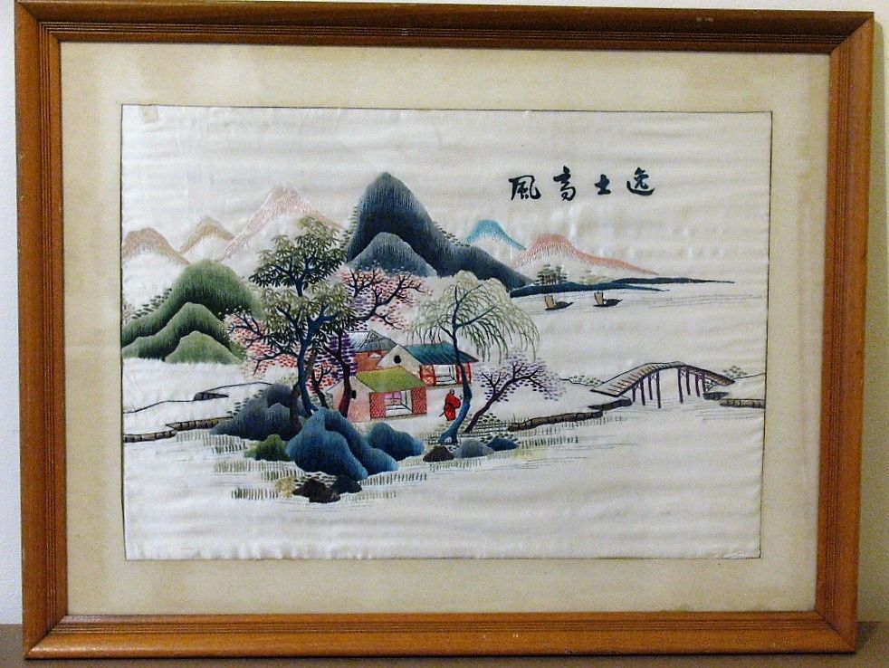 VINTAGE Japanese Silk Embroidered Art LANDSCAPE MOUNTAIN HOUSE SIGNED STUNNING