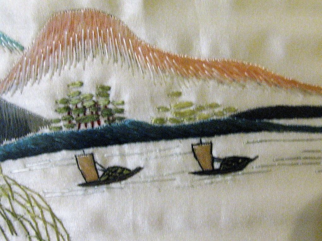 VINTAGE Japanese Silk Embroidered Art LANDSCAPE MOUNTAIN HOUSE SIGNED STUNNING