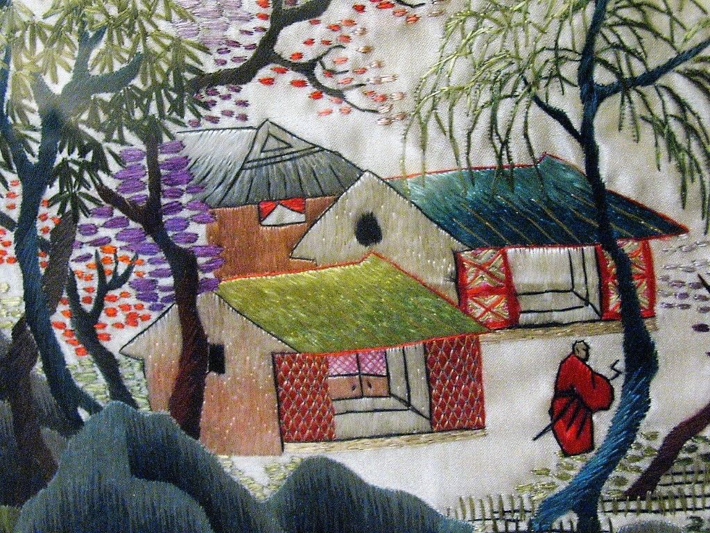 VINTAGE Japanese Silk Embroidered Art LANDSCAPE MOUNTAIN HOUSE SIGNED STUNNING