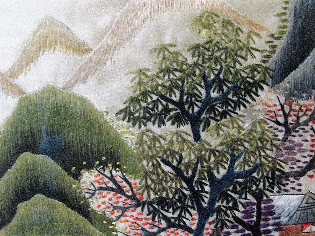 VINTAGE Japanese Silk Embroidered Art LANDSCAPE MOUNTAIN HOUSE SIGNED STUNNING