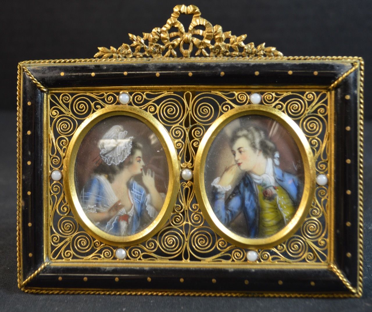 Antique Gilt Brass Double Frame with Miniature Portraits