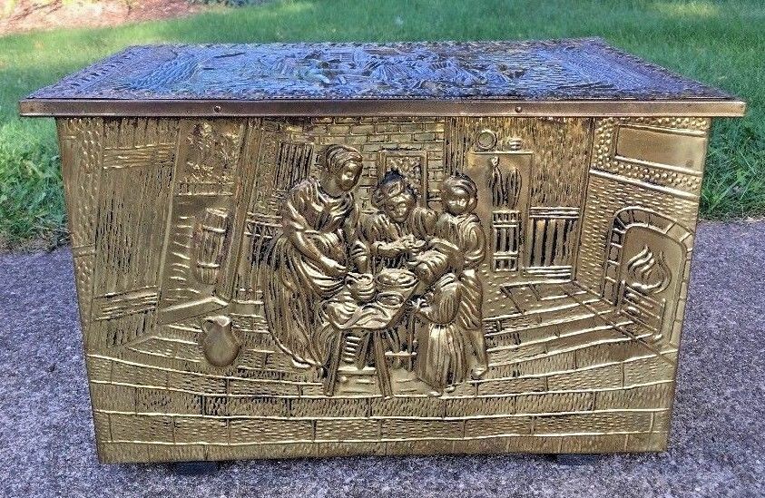 Vtg Colonial Brass Covered Raised Relief Wood Storage Chest Box Coal Kindling