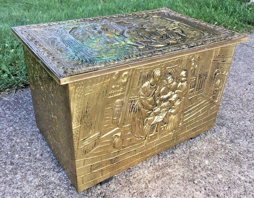 Vtg Colonial Brass Covered Raised Relief Wood Storage Chest Box Coal Kindling