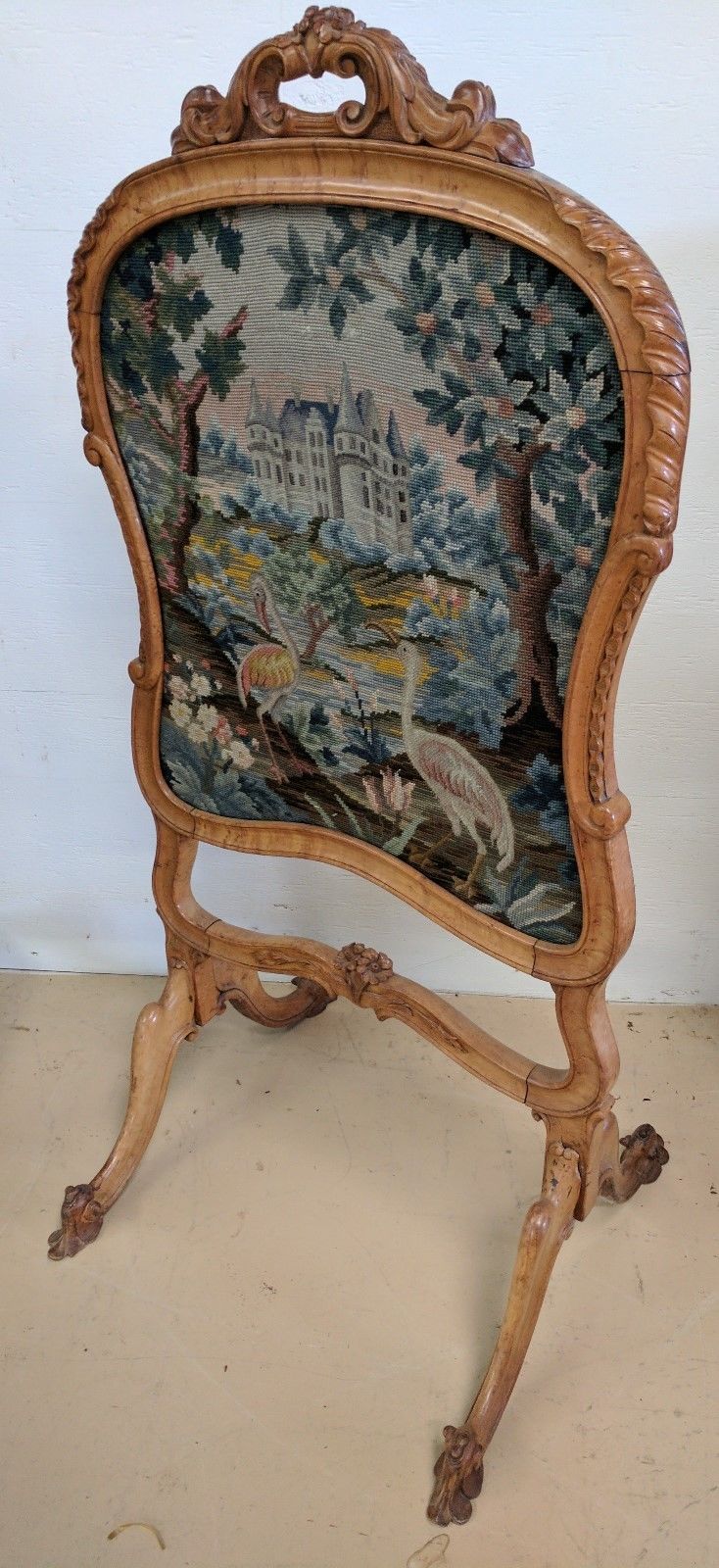 Antique French Louis-Philippe Needlepoint Firescreen Castle w Birds Flowers