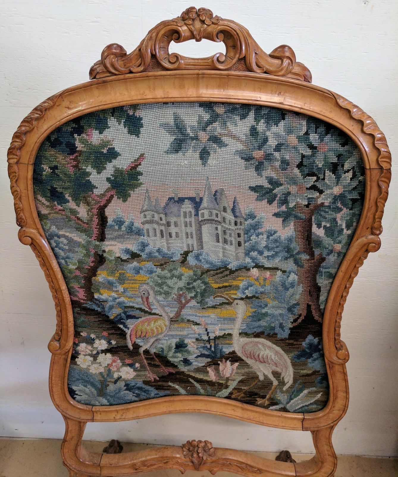 Antique French Louis-Philippe Needlepoint Firescreen Castle w Birds Flowers