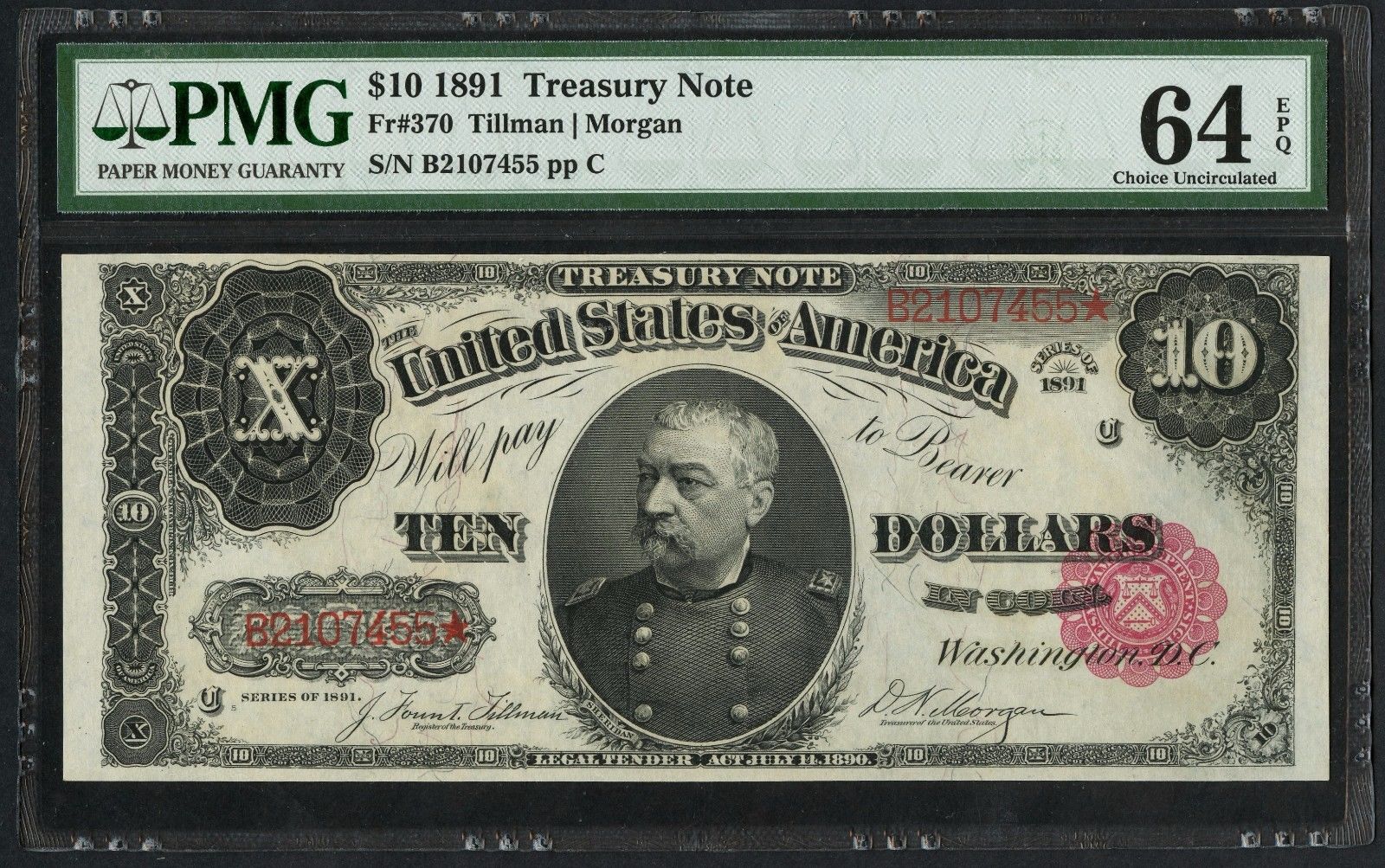 FR370 $10 1891 SERIES TREASURY NOTE PMG 64 EPQ CHOICE GEM UNC WLM1877