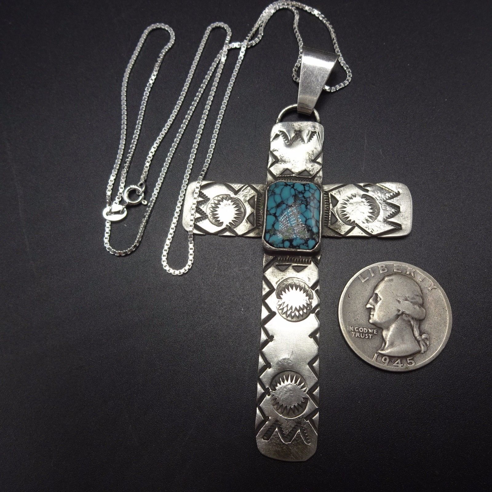 Vintage NAVAJO Sterling Silver & Spiderweb Turquoise PENDANT + " Chain