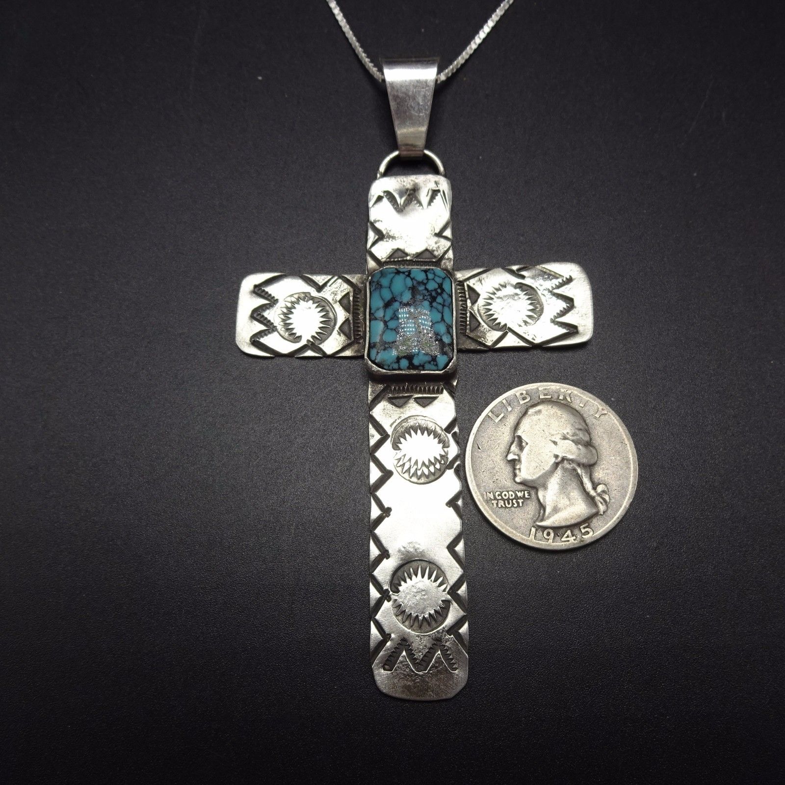 Vintage NAVAJO Sterling Silver & Spiderweb Turquoise PENDANT + " Chain