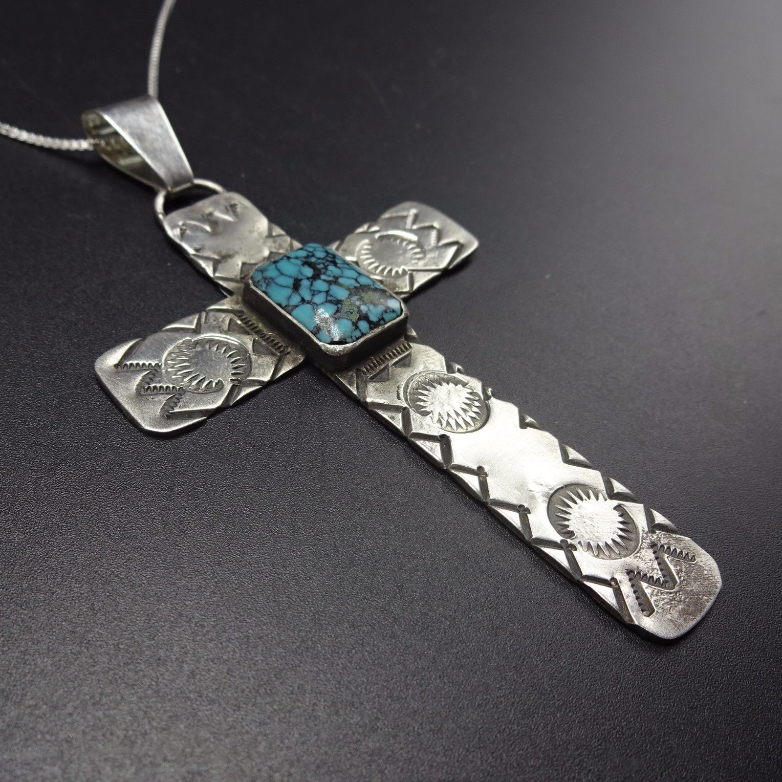 Vintage NAVAJO Sterling Silver & Spiderweb Turquoise PENDANT + " Chain