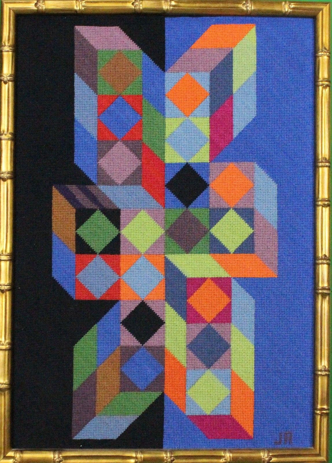 "Fab, Custom Vasarely 'Geometric' Needlepoint Framed Artwork"