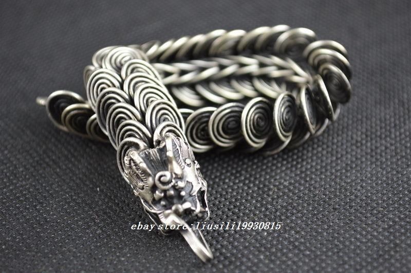 China Collectibles Handwork Tibet - Silver & Chinese old lucky Dragon Bracelet