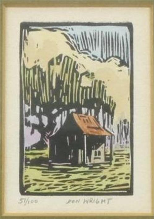 Miniature Print #51/100 Home scene by Don Wright, framed, matted and under glass