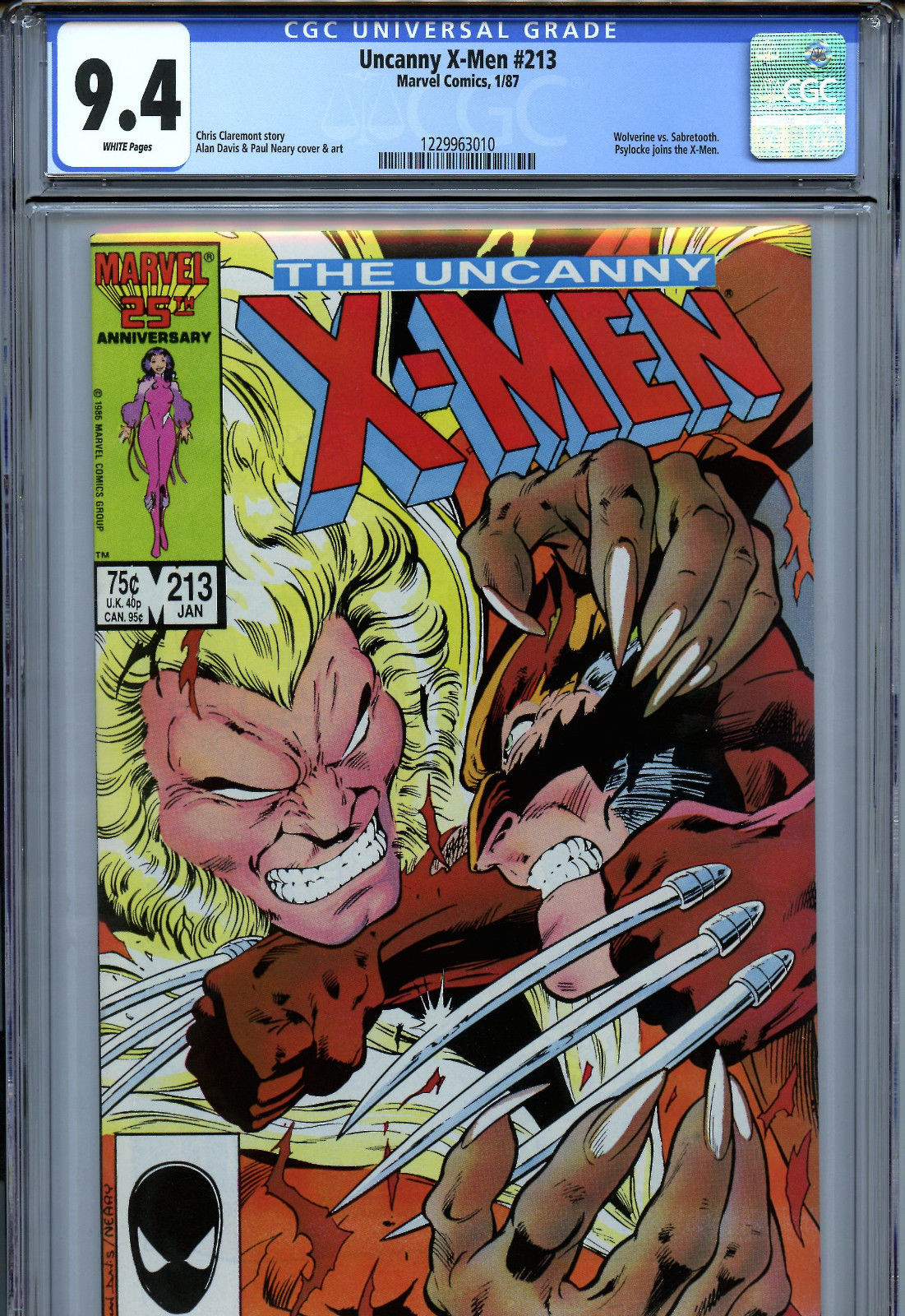 Uncanny X-Men #213 (1987) Marvel CGC 9.4 White Wolverine vs. Sabretooth