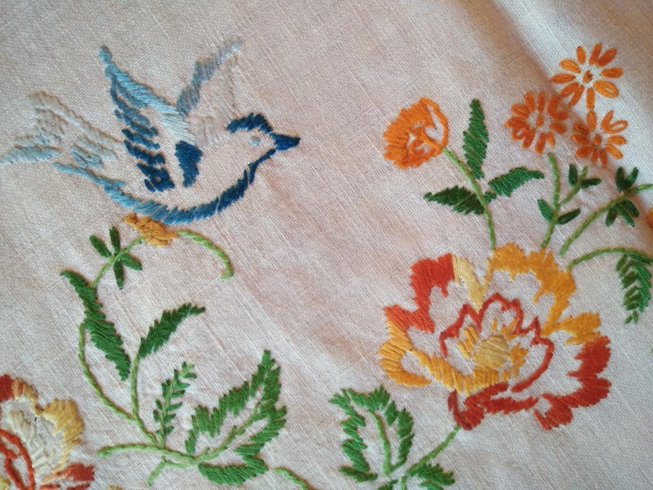 BLUE BIRDS & Flower Garlands ~Vintage Hand Embroidered Huge Tablecloth