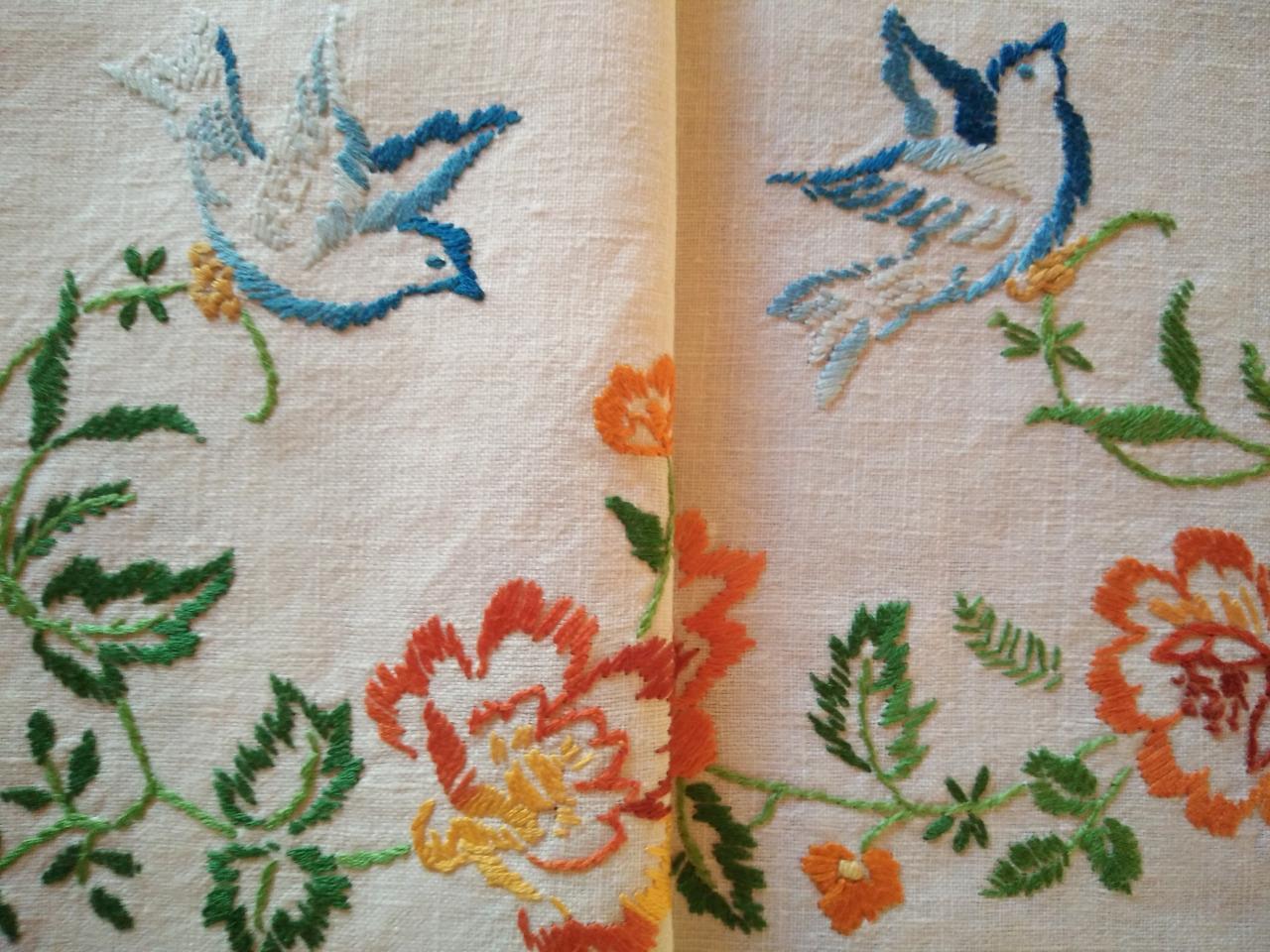 BLUE BIRDS & Flower Garlands ~Vintage Hand Embroidered Huge Tablecloth