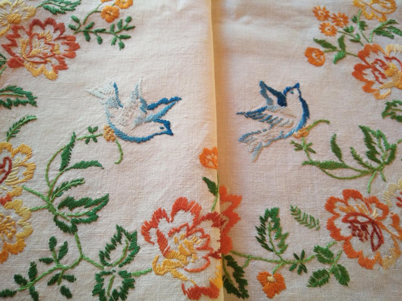 BLUE BIRDS & Flower Garlands ~Vintage Hand Embroidered Huge Tablecloth