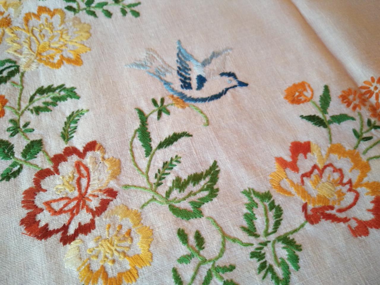 BLUE BIRDS & Flower Garlands ~Vintage Hand Embroidered Huge Tablecloth