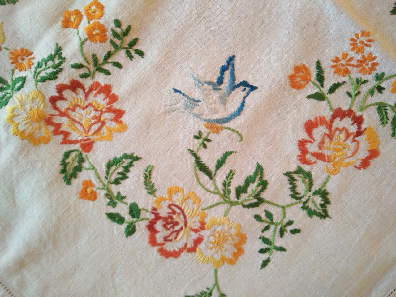 BLUE BIRDS & Flower Garlands ~Vintage Hand Embroidered Huge Tablecloth