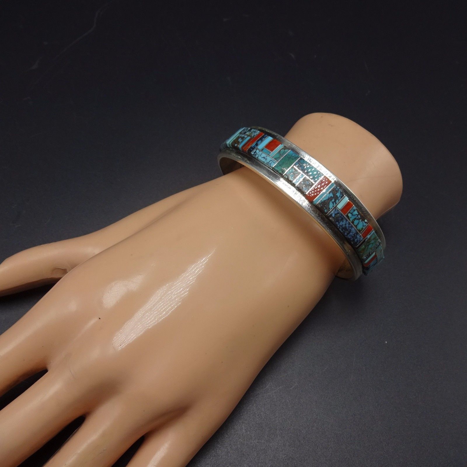 NEW Signed NAVAJO Sterling Silver & TURQUOISE Channel Inlay Cuff BRACELET