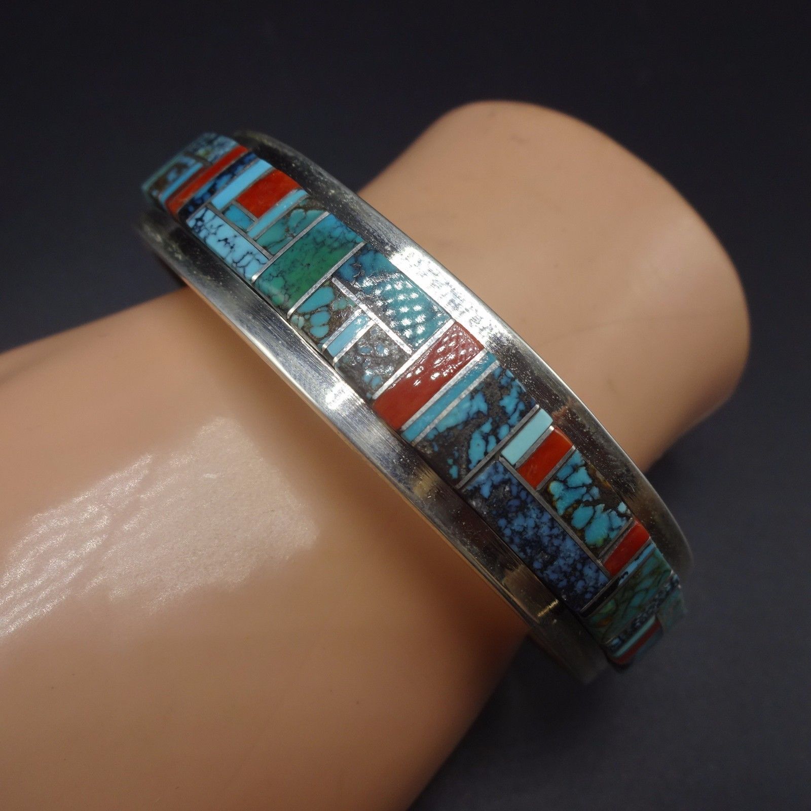 NEW Signed NAVAJO Sterling Silver & TURQUOISE Channel Inlay Cuff BRACELET