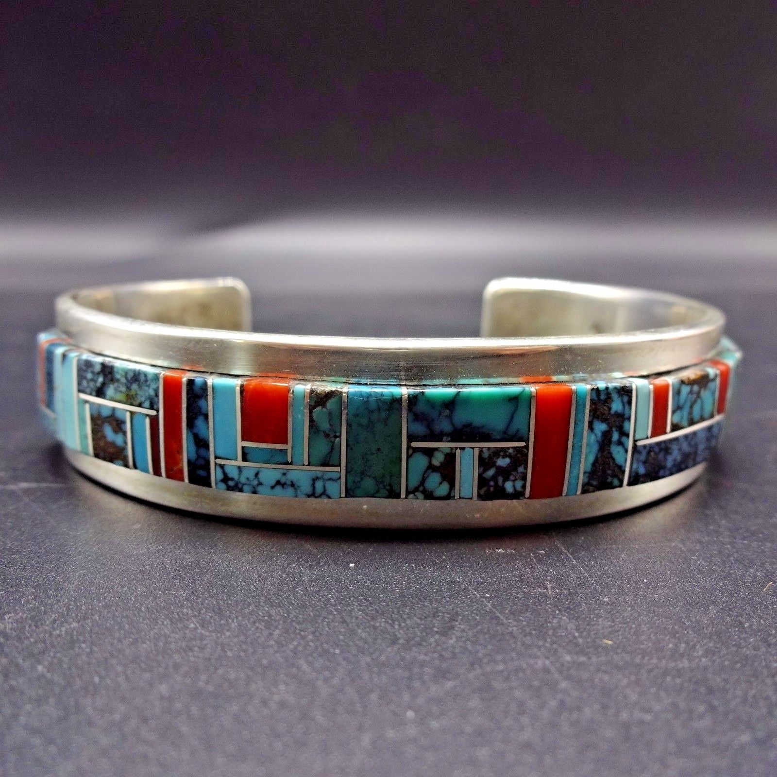 NEW Signed NAVAJO Sterling Silver & TURQUOISE Channel Inlay Cuff BRACELET