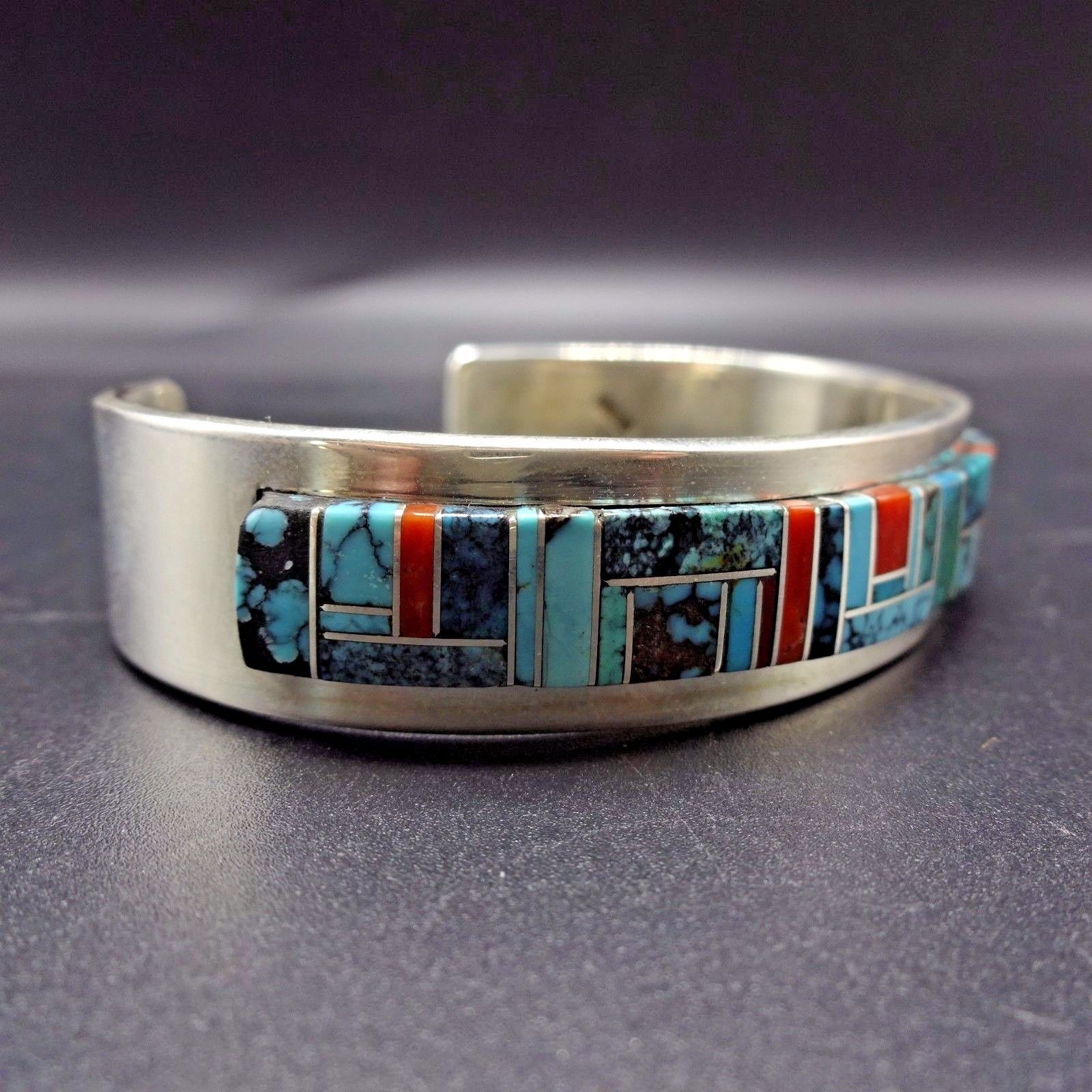 NEW Signed NAVAJO Sterling Silver & TURQUOISE Channel Inlay Cuff BRACELET