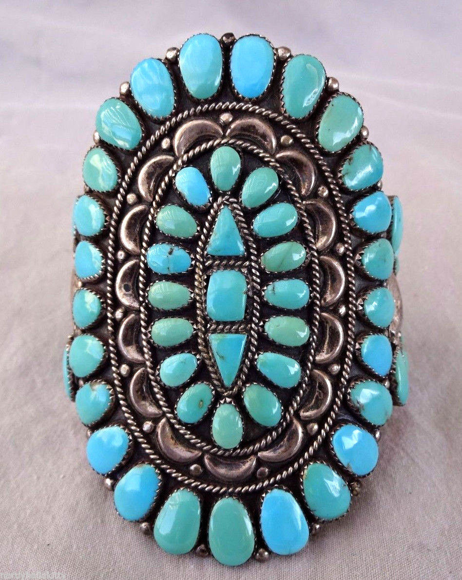 Huge Signed Vintage NAVAJO Sterling Silver TURQUOISE Cluster Cuff BRACELET