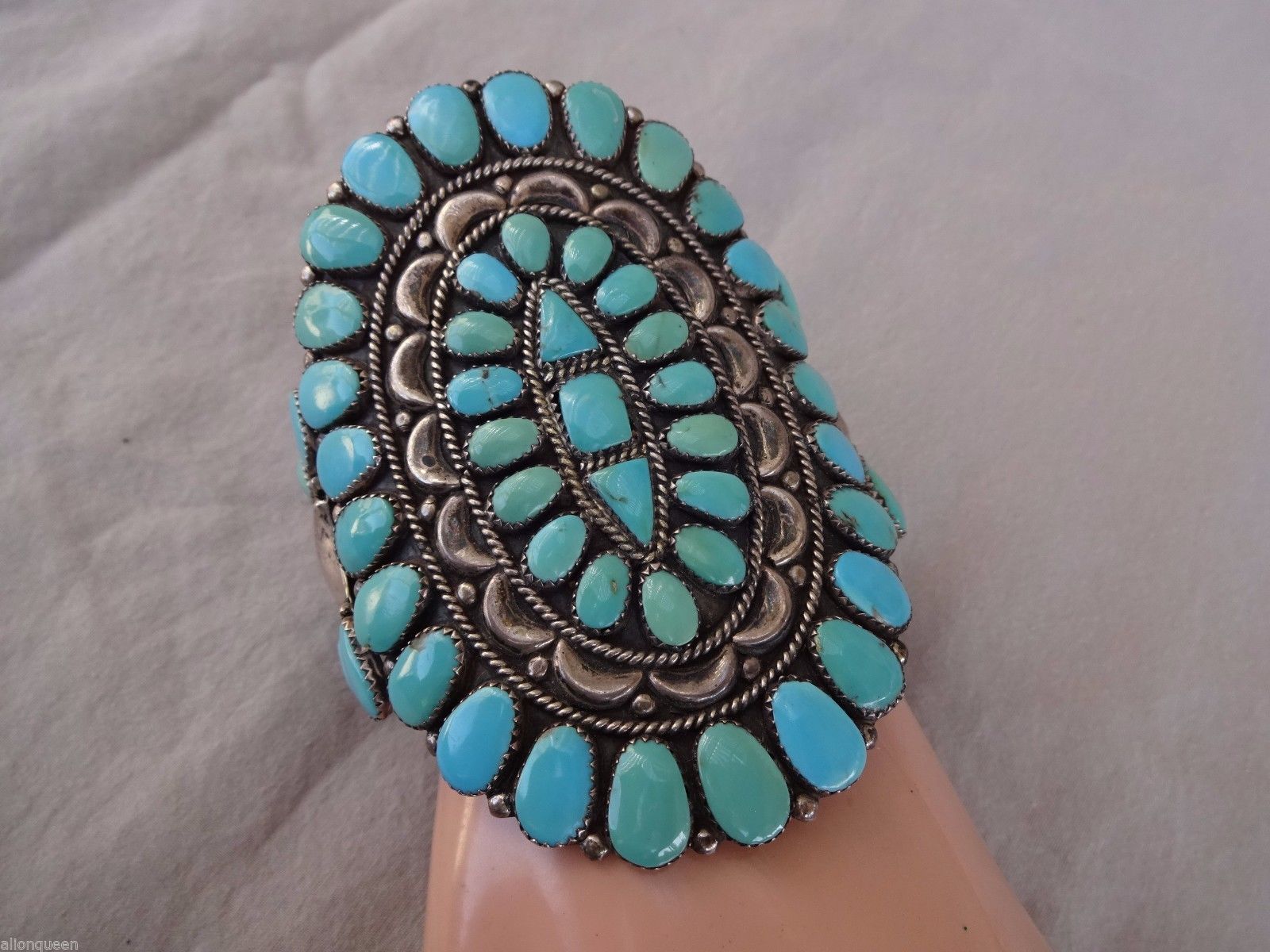 Huge Signed Vintage NAVAJO Sterling Silver TURQUOISE Cluster Cuff BRACELET