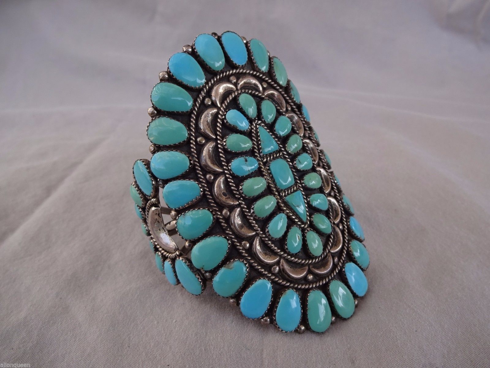 Huge Signed Vintage NAVAJO Sterling Silver TURQUOISE Cluster Cuff BRACELET