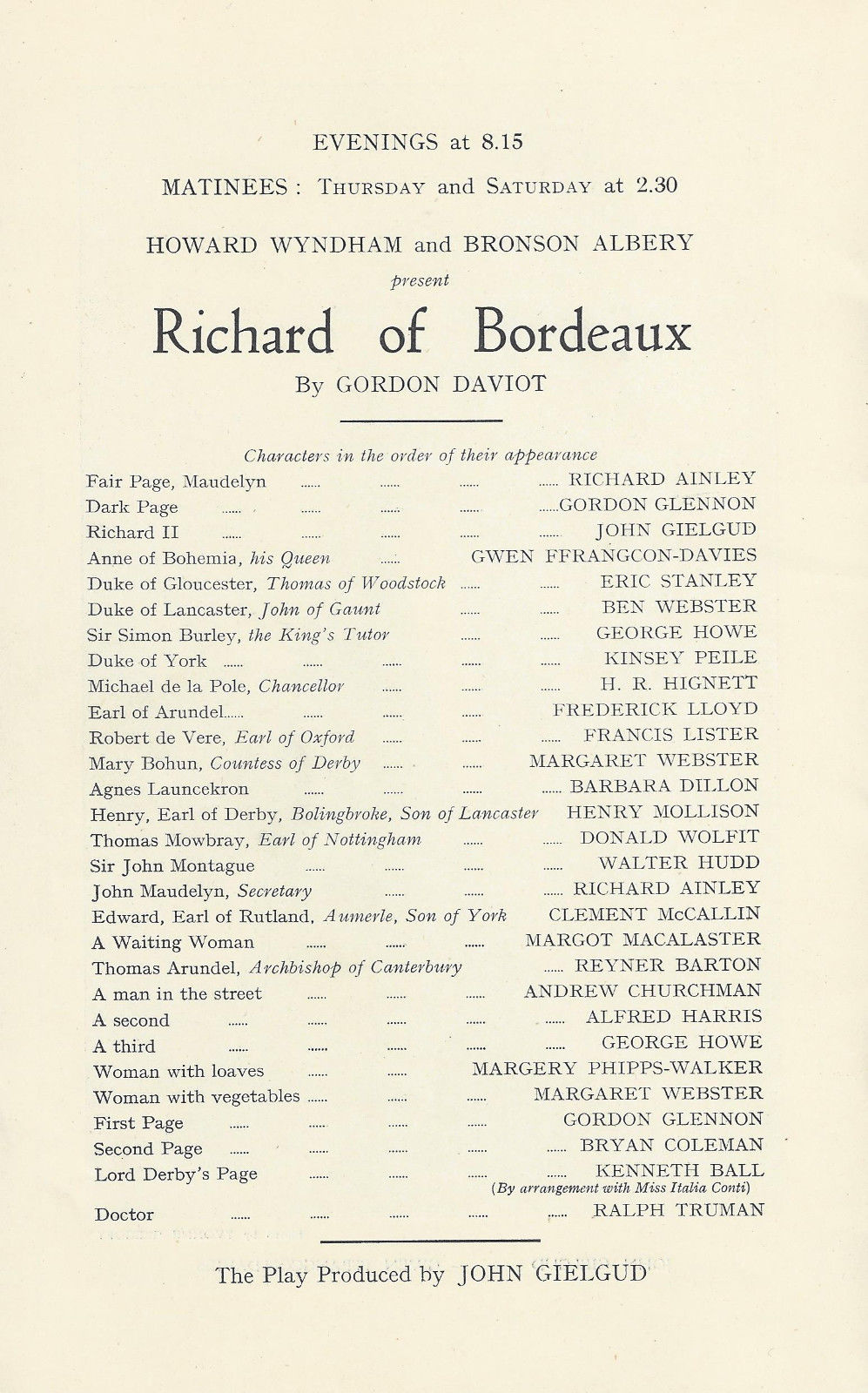 John Gielgud "RICHARD OF BORDEAUX" Gwen Ffrangcon-Davies 1933 London Playbill