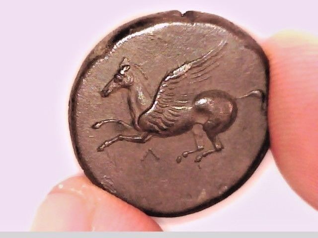 GREECE AKARNANIA LEUKAS ANCIENT STATER COIN ATHENA PEGASUS FLYING HORSE CADUCEUS