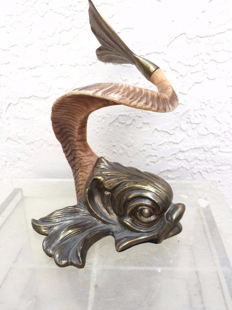 HOLLYWOOD REGENCY VINTAGE CHAPMAN ASIAN KOI FISH BRASS & RAMS HORN  SCULPTURE