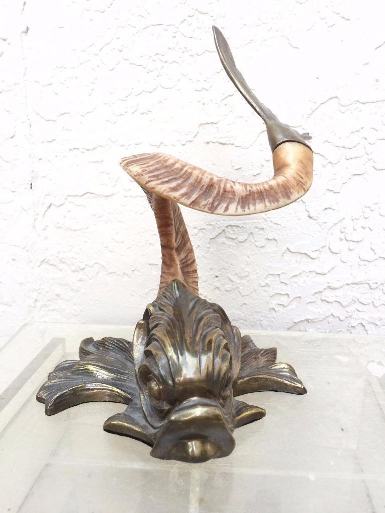 HOLLYWOOD REGENCY VINTAGE CHAPMAN ASIAN KOI FISH BRASS & RAMS HORN  SCULPTURE