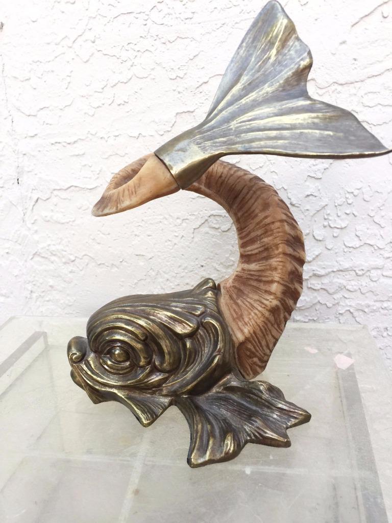 HOLLYWOOD REGENCY VINTAGE CHAPMAN ASIAN KOI FISH BRASS & RAMS HORN  SCULPTURE