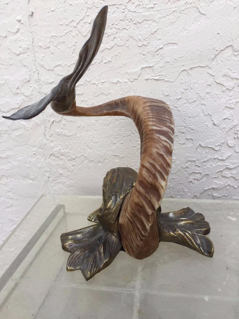 HOLLYWOOD REGENCY VINTAGE CHAPMAN ASIAN KOI FISH BRASS & RAMS HORN  SCULPTURE